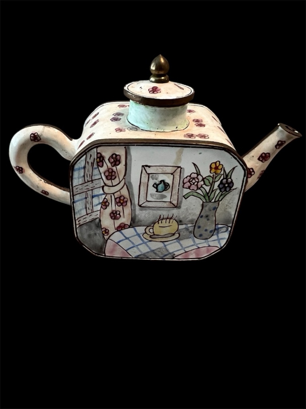 Enameled Miniature Teapot Collectible in Cream with Kitchen Floral Design - Picture 2 of 8